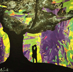 Sous l'arbre - Décembre 2024 (25x25 cm) - Peinture acrylique et techniques diverses sur toile