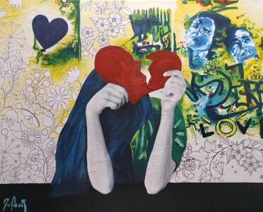 Broken heart 2 - Juillet 2025 (30x24cm) Peinture acrylique et techniques diverses sur toile