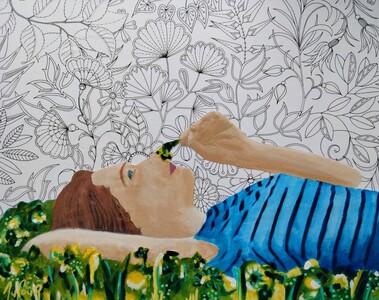 R&ecirc;ver parmi les fleurs - D&eacute;cembre 2025 (30x24cm) Peinture acrylique et techniques diverses sur carton entoil&eacute;