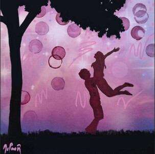 Amour en apesanteur - Novembre 2025 (25x25cm) Peinture acrylique et techniques diverses sur carton entoilé