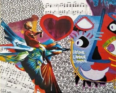L'Amour l'Amour l'Amour -  Août 2022 (30x24cm) Peinture acrylique et collages sur toile